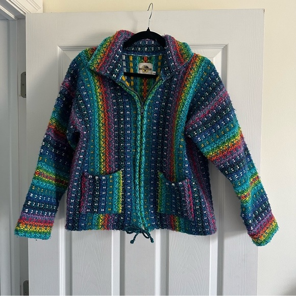 Size S/M Vintage Earth Ragz Rainbow Wool Cotton Striped Zip Up Knit Jacket - Picture 4 of 8